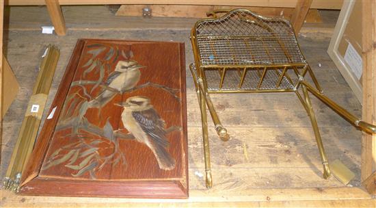 Brass stair rods, brass magazine rack and a bird painted oak panel